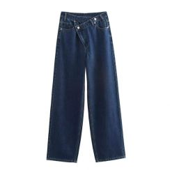 Womens Elegant Double Breasted High Waisted Wide Leg Jeans