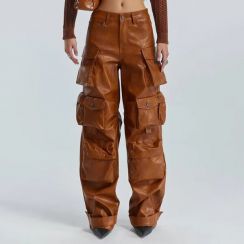 Fashion Women Leather High Waist Street Wide Leg Work Pants