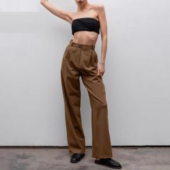 2Pcs Casual High Waist Brown Womens Pants