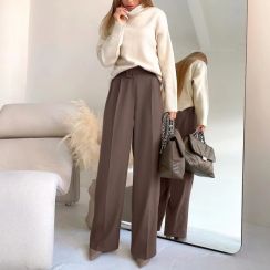 2Pcs Elegant Womens Brown Straight Leg Pants